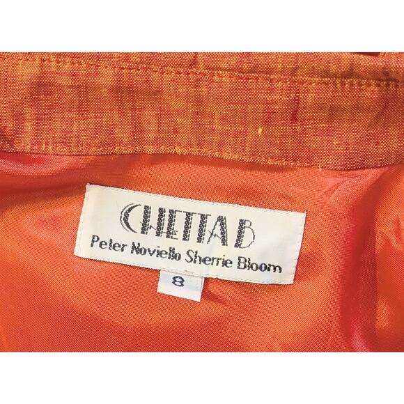 VTG Chetta B Shirt Shift Dress Linen 8 Coral Orange Shimmer Long Sleeve Coastal - Picture 11 of 13